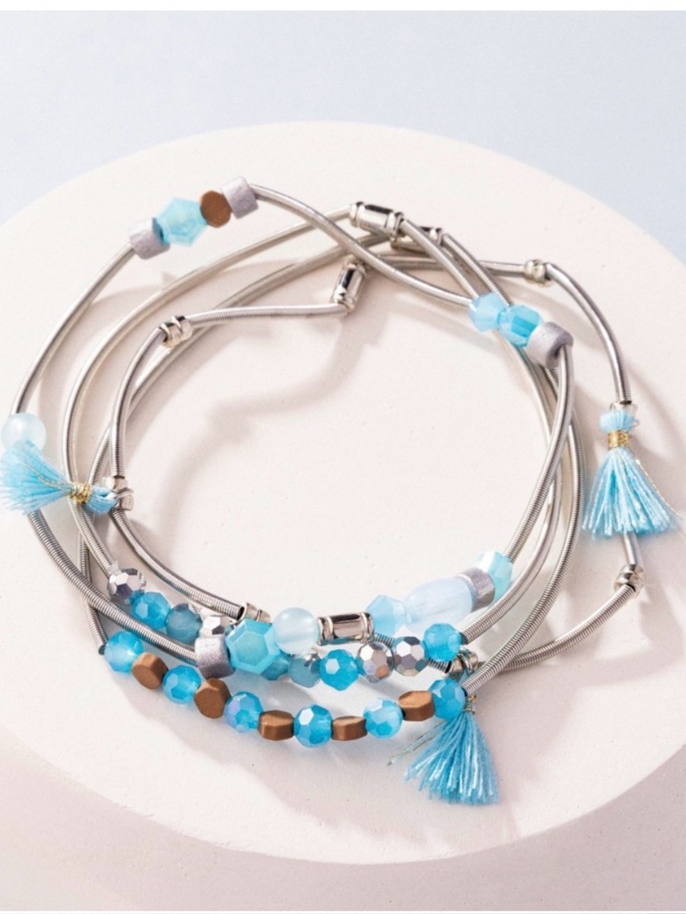 New Layered Blue Beaded Tassel Bracelet